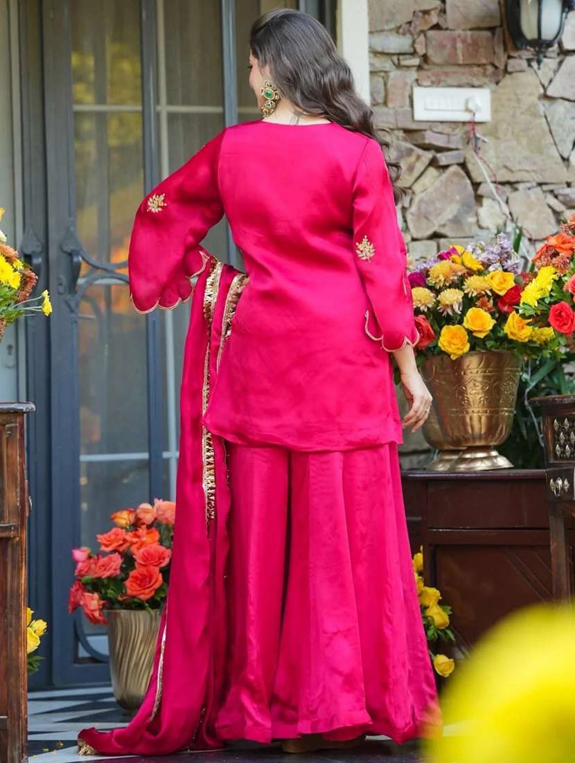 women solid with work three quarter sleeve kurta sharara with dupatta set - 22391663 -  Standard Image - 4