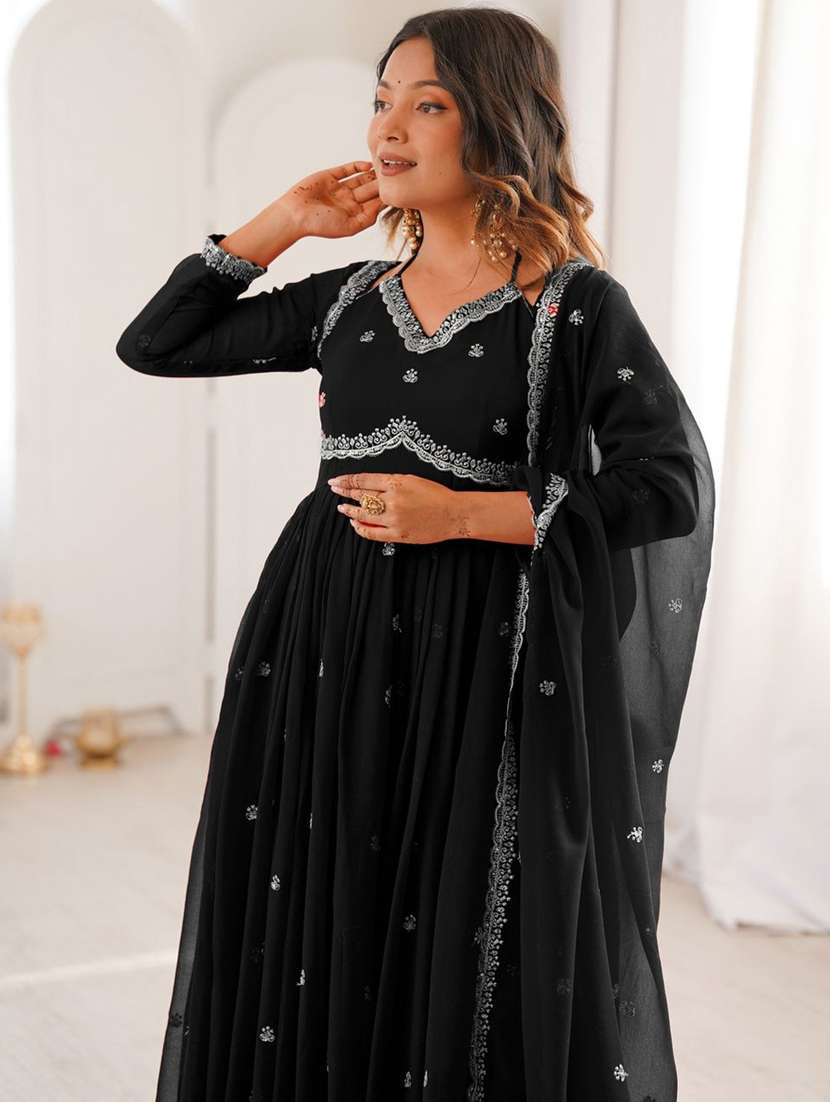 women solid with work long sleeve flared kurta - 22391666 -  Standard Image - 1