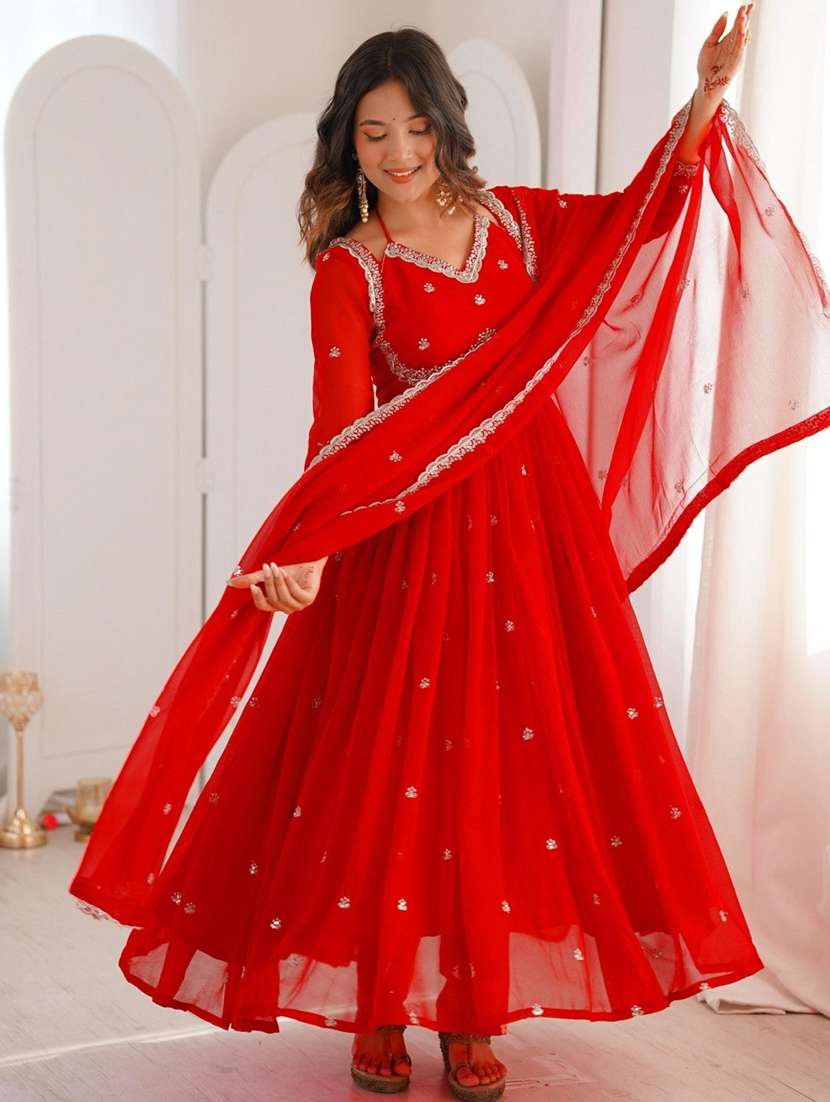 women solid with work long sleeve flared kurta