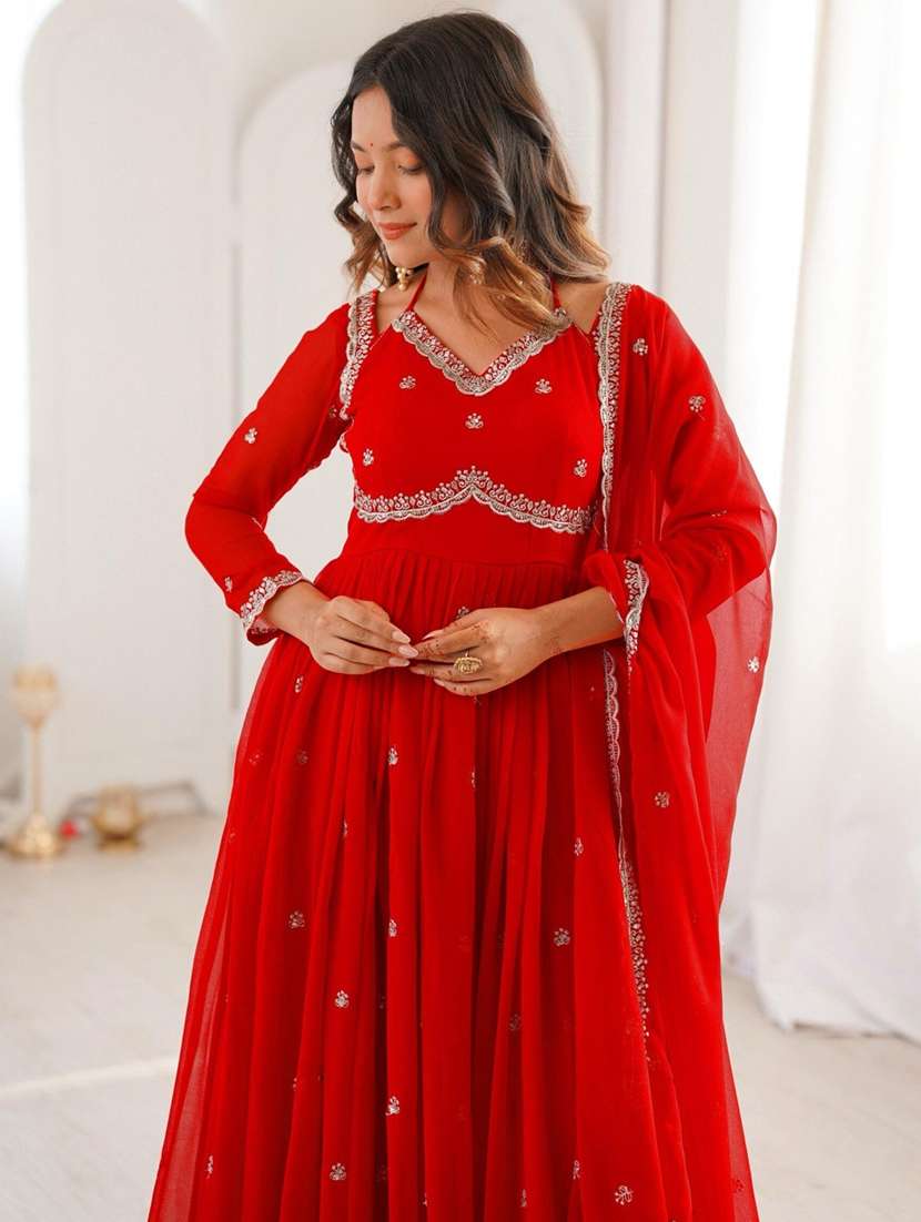 women solid with work long sleeve flared kurta - 22391668 -  Standard Image - 1