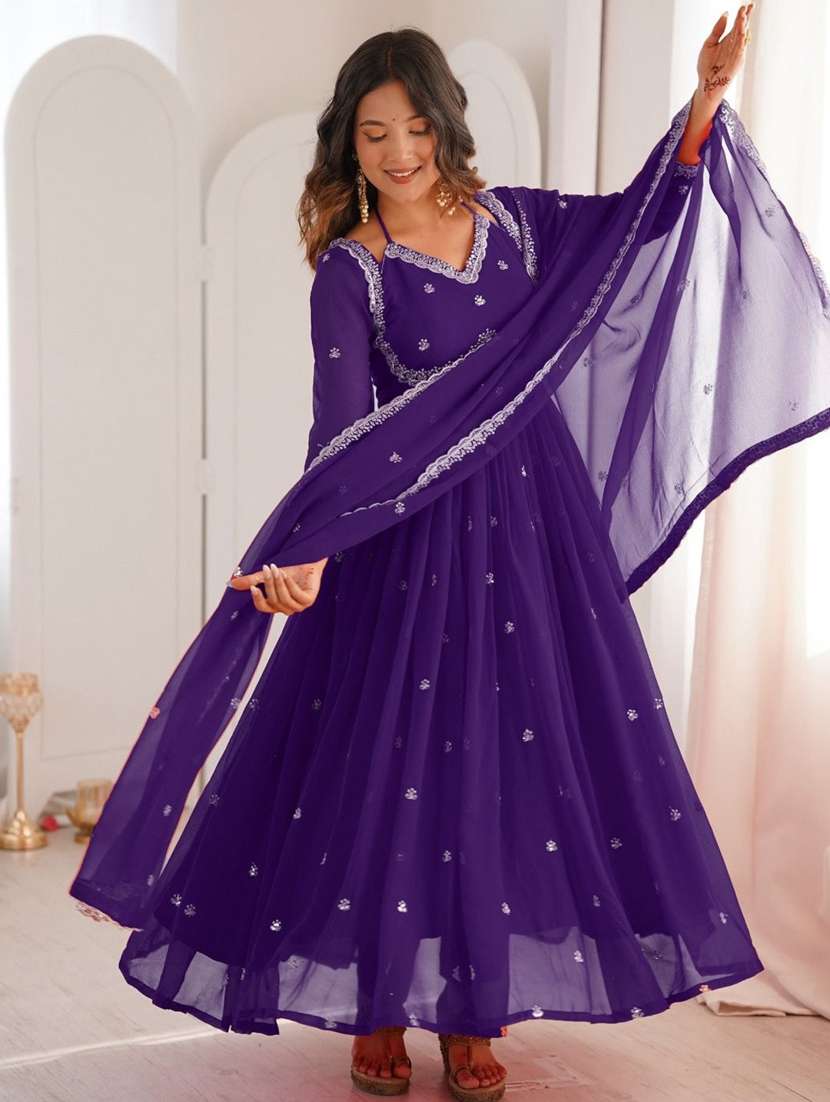 women solid with work long sleeve flared kurta