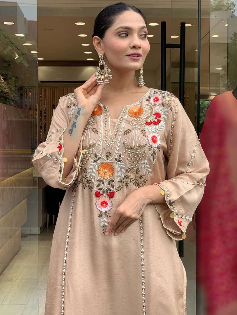 women solid with work three quarter sleeve kurta pant with dupatta set - 22391672 -  Standard Image - 1