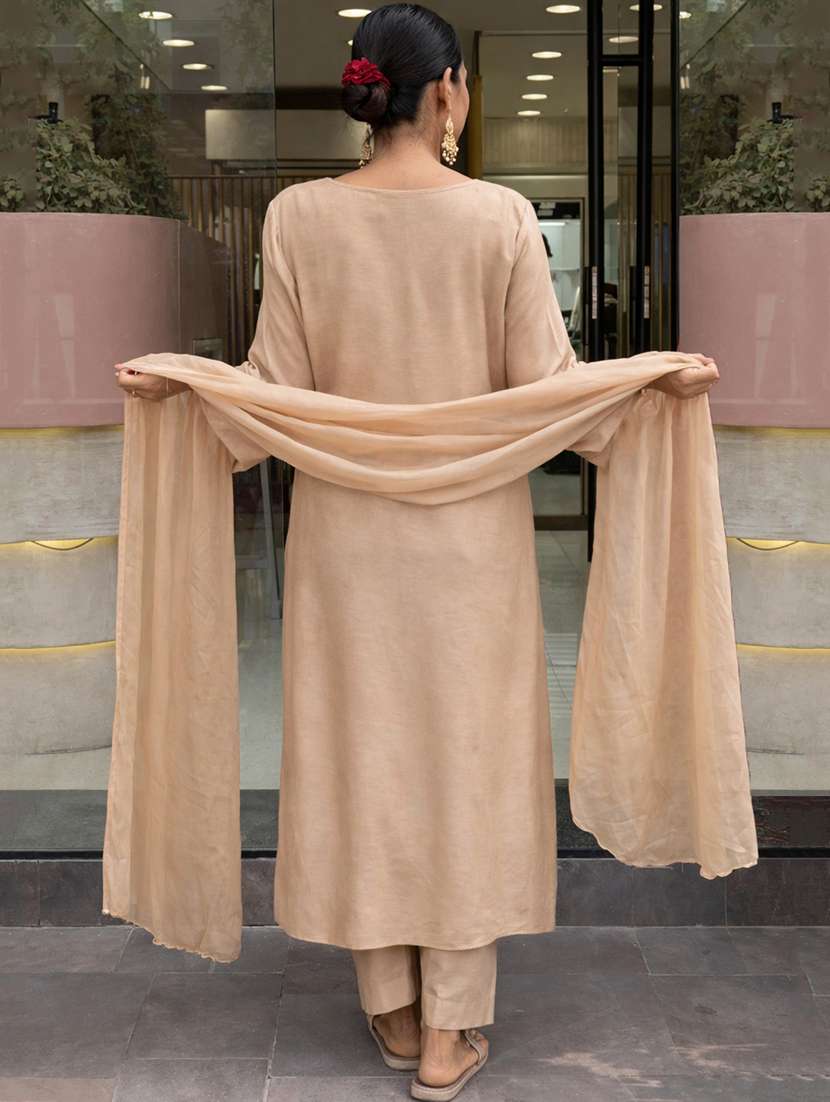 women solid with work three quarter sleeve kurta pant with dupatta set - 22391672 -  Standard Image - 4