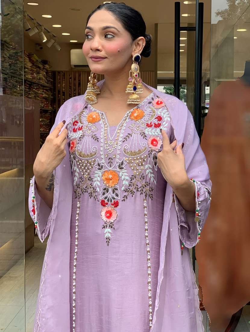 women solid with work three quarter sleeve kurta pant with dupatta set - 22391673 -  Standard Image - 1