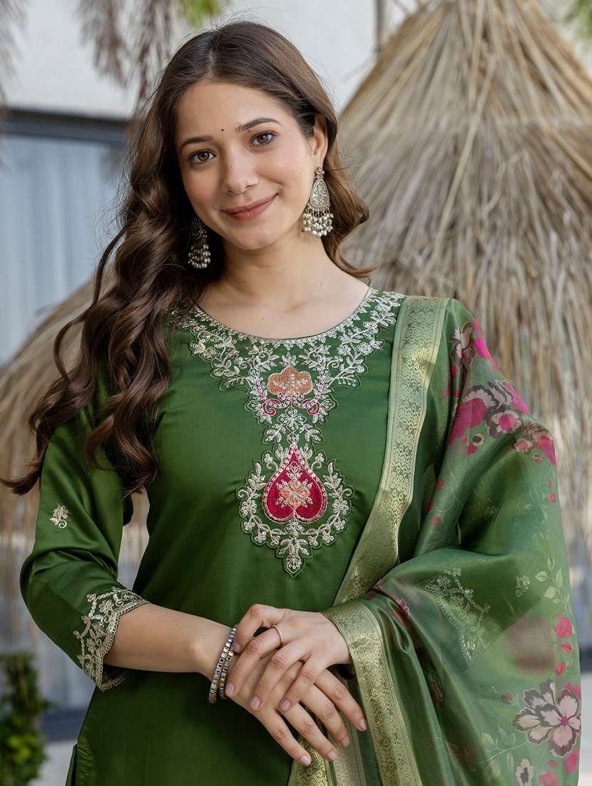 women solid with work three quarter sleeve kurta pant with dupatta set - 22391675 -  Standard Image - 1