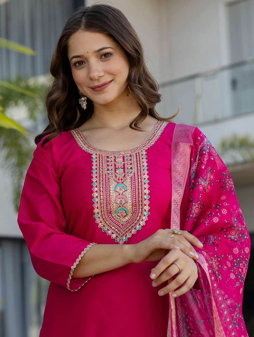 women solid with work three quarter sleeve kurta pant with dupatta set - 22391676 -  Standard Image - 1