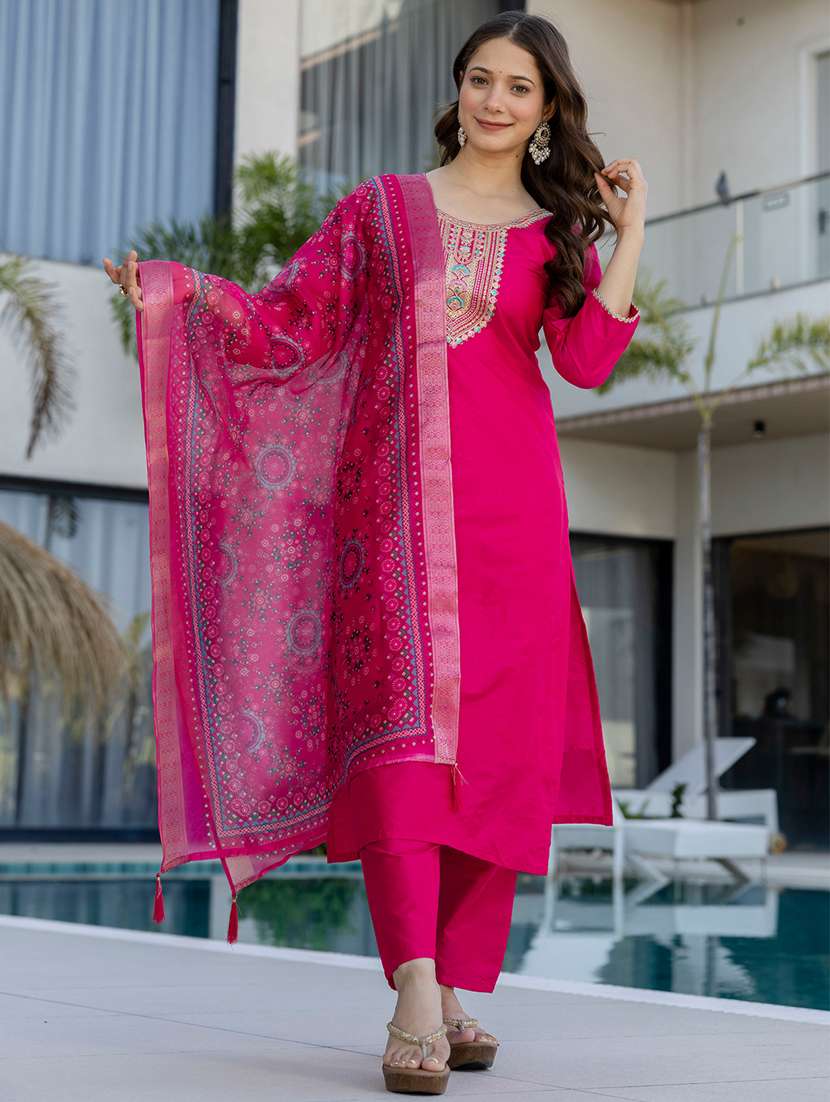 women solid with work three quarter sleeve kurta pant with dupatta set - 22391676 -  Standard Image - 4