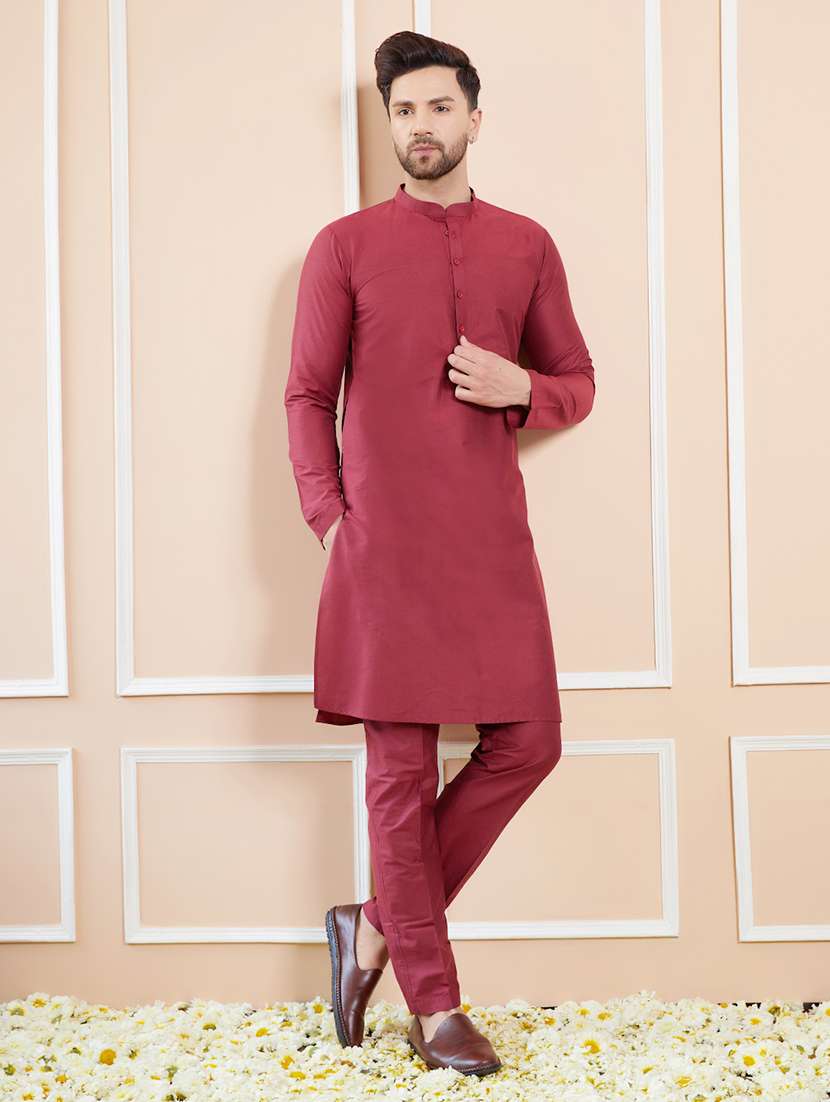 men solid long sleeve kurta pyjama set