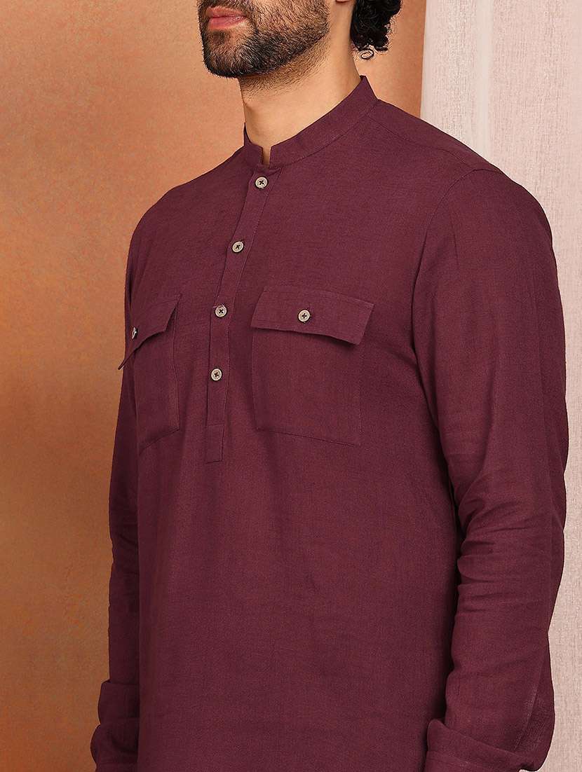 maroon linen kurta pyjama ethnic wear set - 22391701 -  Standard Image - 1