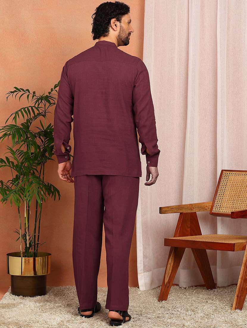 maroon linen kurta pyjama ethnic wear set - 22391701 -  Standard Image - 4