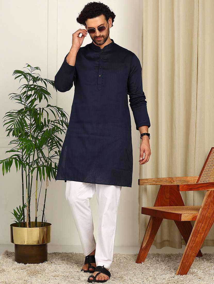 blue cotton kurta pyjama ethnic wear set