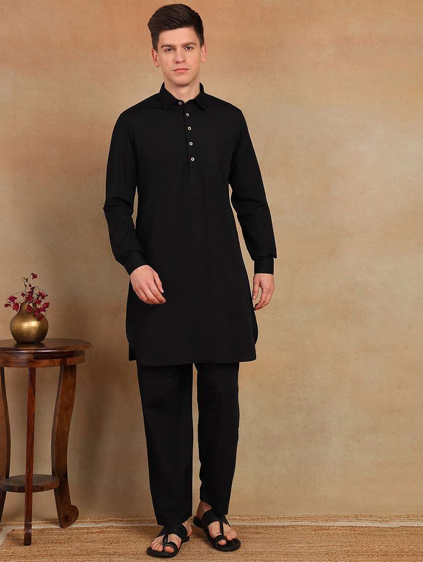 men solid long sleeve pathani ethnic wear set