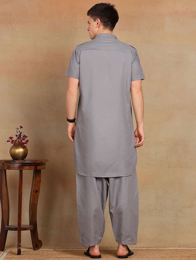 men solid short sleeve pathani ethnic wear set - 22391714 -  Standard Image - 4