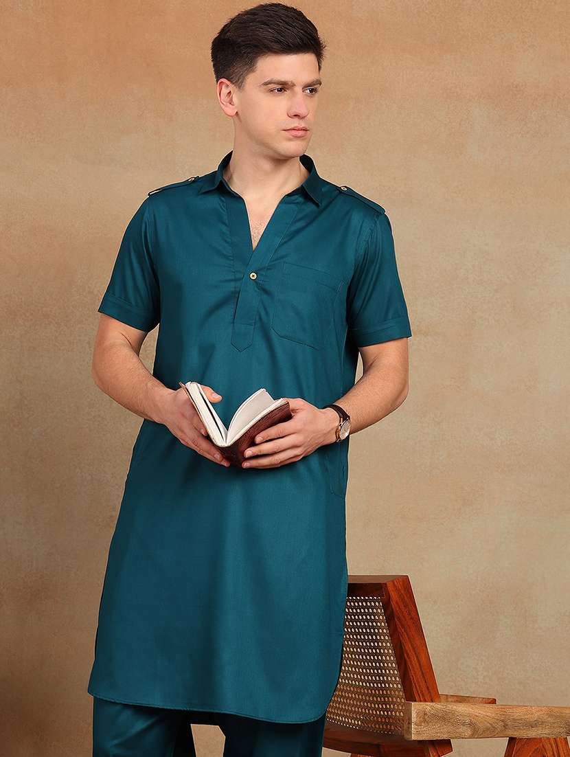 men solid short sleeve pathani ethnic wear set - 22391715 -  Standard Image - 4