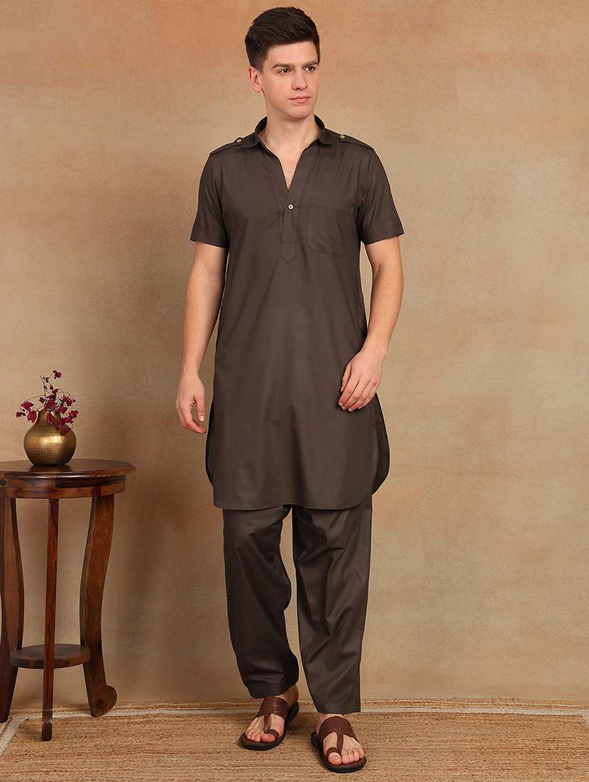 men solid short sleeve pathani ethnic wear set