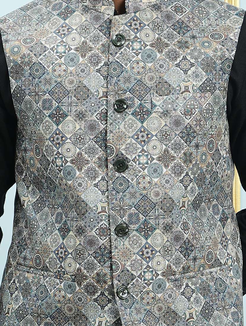 men printed mandarin neck kurta pyjama with jacket set - 22391772 -  Standard Image - 1
