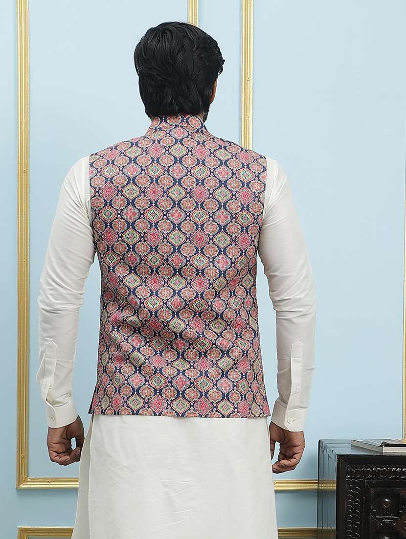 men printed mandarin neck kurta pyjama with jacket set - 22391775 -  Standard Image - 4