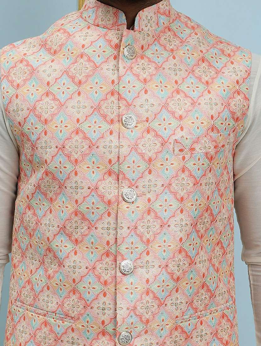 men mandarin neck kurta pyjama with jacket ethnic wear set - 22391800 -  Standard Image - 1