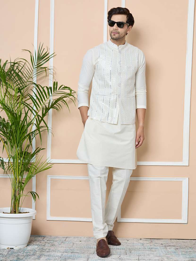men mandarin neck kurta pyjama with jacket ethnic wear set