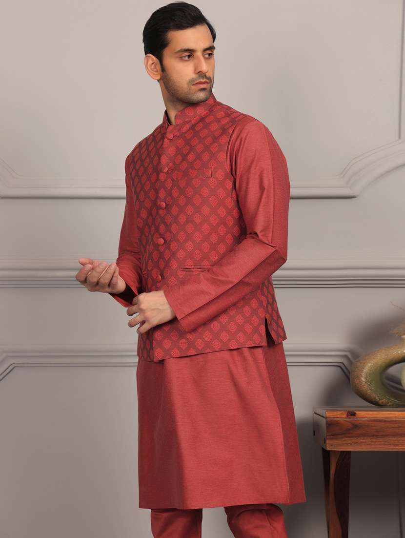 men mandarin neck kurta pyjama with jacket ethnic wear set - 22391836 -  Standard Image - 4