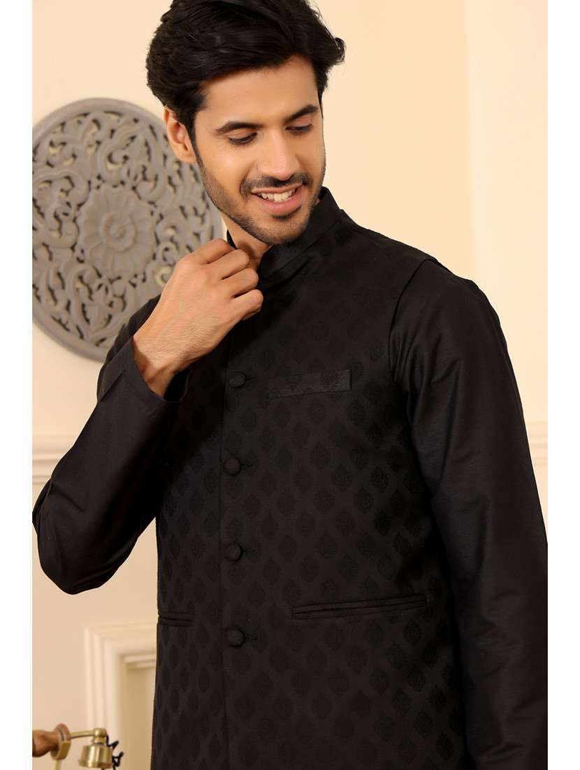 men mandarin neck kurta pyjama with jacket ethnic wear set - 22391844 -  Standard Image - 1