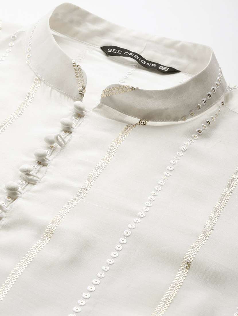 men solid with work mandarin neck long kurta - 22391962 -  Standard Image - 1