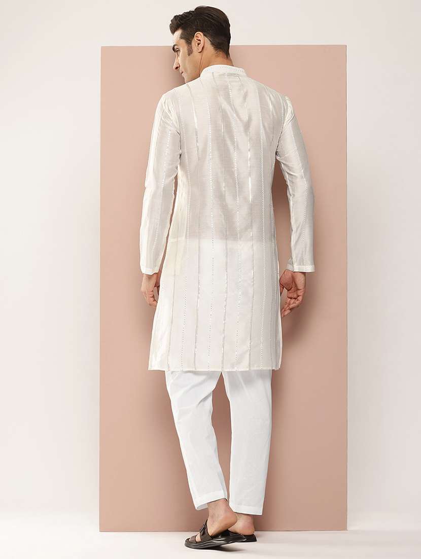 men solid with work mandarin neck long kurta - 22391962 -  Standard Image - 4