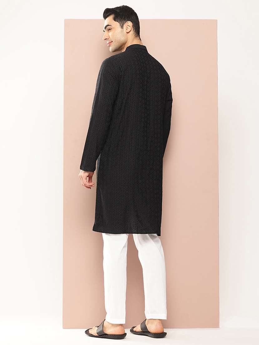 men solid with work mandarin neck long kurta - 22391966 -  Standard Image - 4