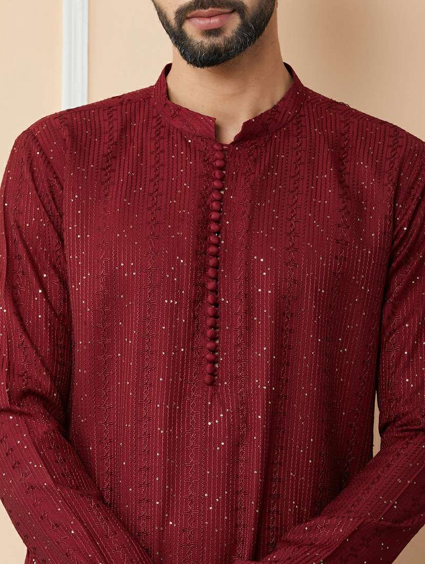 men solid with work mandarin neck long kurta - 22391967 -  Standard Image - 1