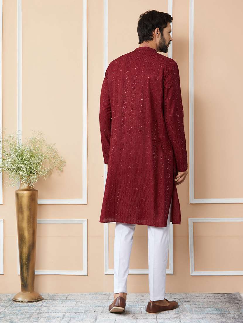 men solid with work mandarin neck long kurta - 22391967 -  Standard Image - 4