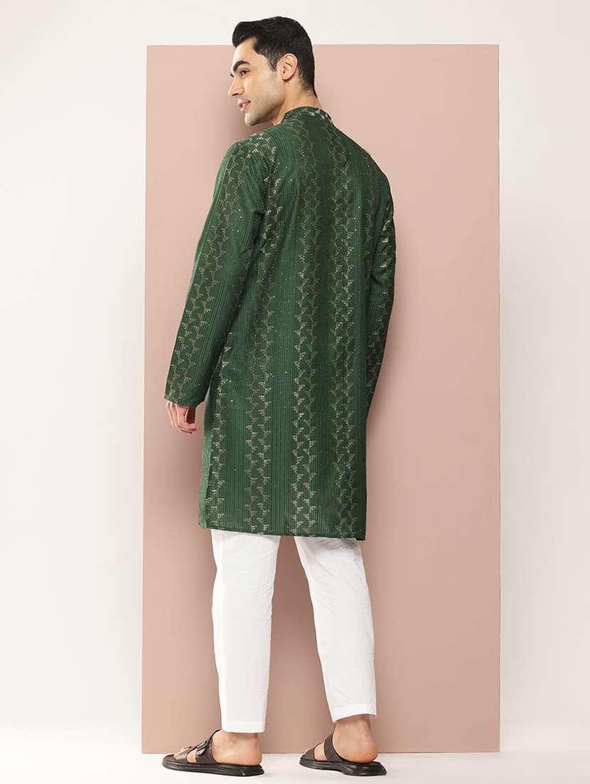 men solid with work mandarin neck long kurta - 22391968 -  Standard Image - 4