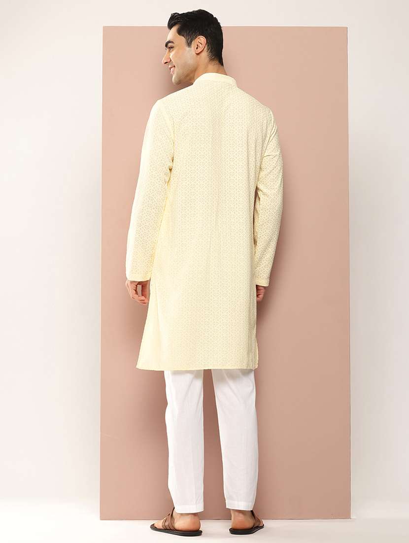 men solid with work mandarin neck long kurta - 22391974 -  Standard Image - 4