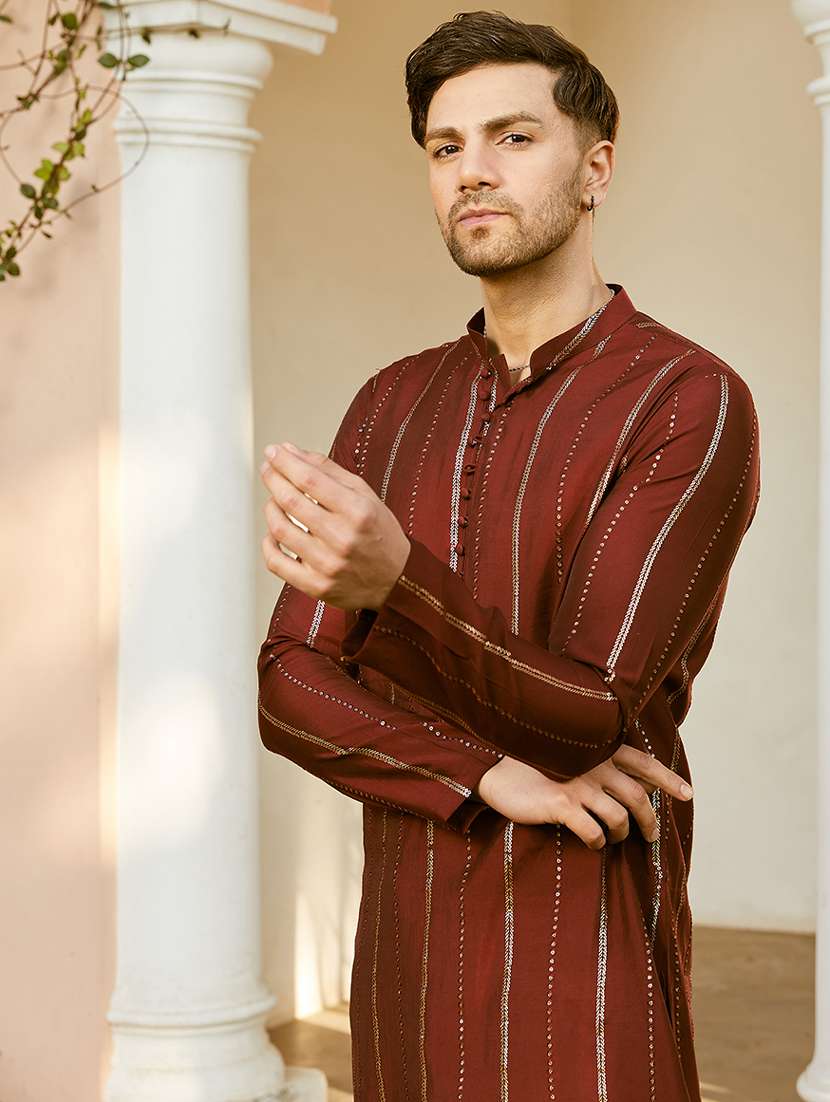 maroon silk blend long  kurta - 22392114 -  Standard Image - 1
