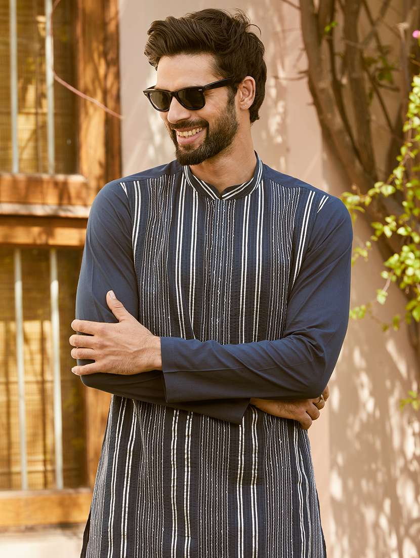 men solid with work mandarin neck long kurta - 22392124 -  Standard Image - 1