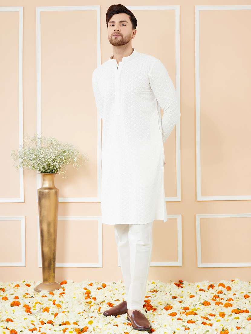 men solid with work mandarin neck long kurta - 22392134 -  Standard Image - 4