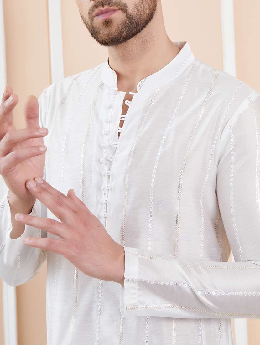 men solid with work mandarin neck long kurta - 22392136 -  Standard Image - 1