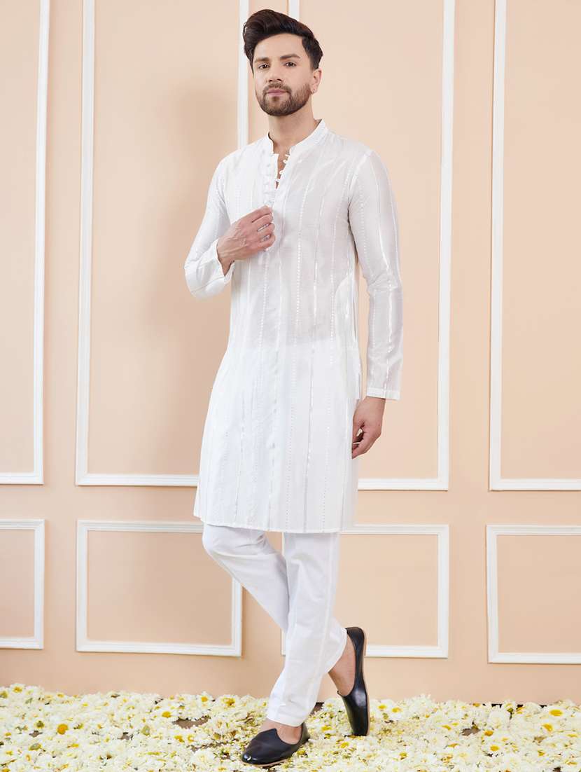 men solid with work mandarin neck long kurta - 22392136 -  Standard Image - 4