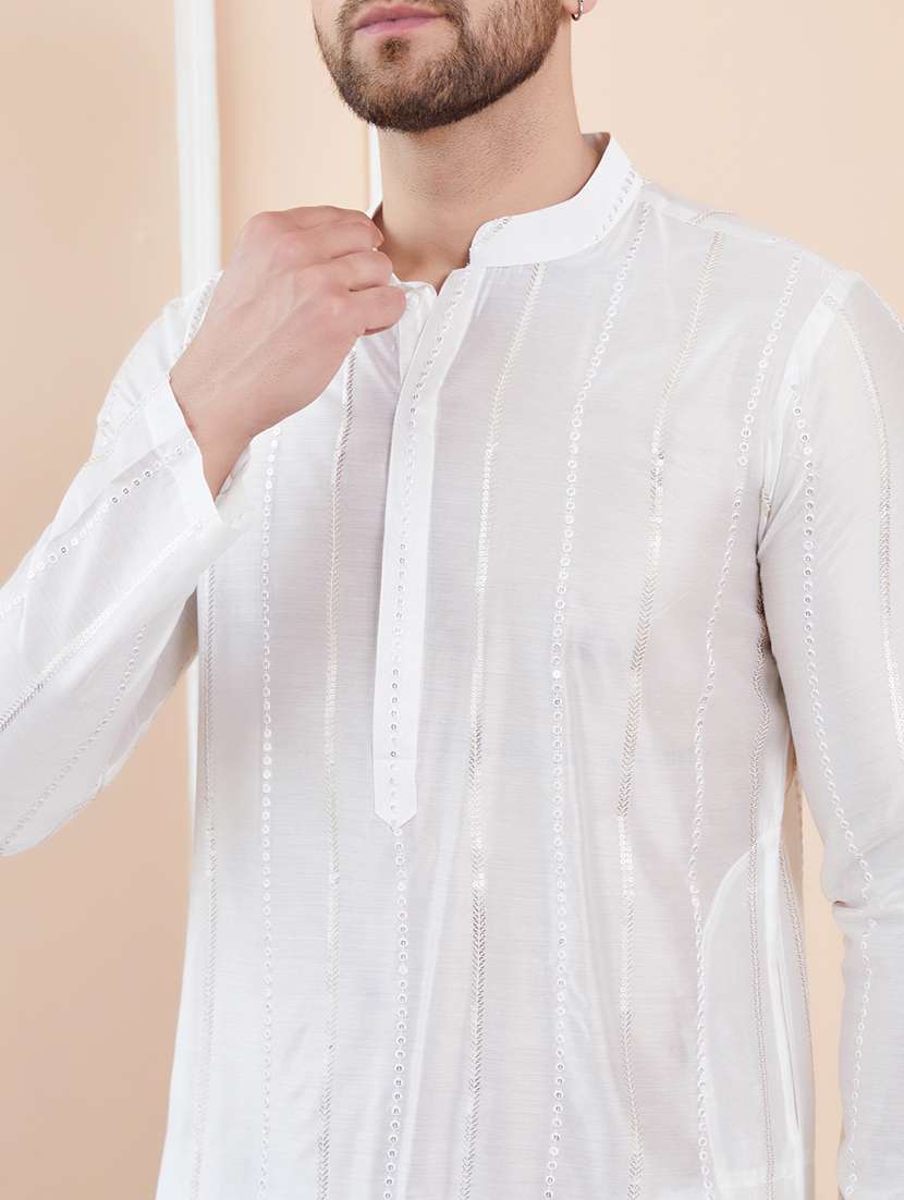 men solid with work mandarin neck long kurta - 22392137 -  Standard Image - 1
