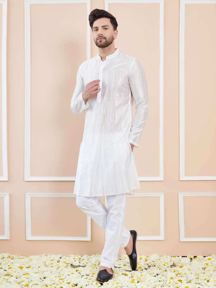 men solid with work mandarin neck long kurta - 22392137 -  Standard Image - 4