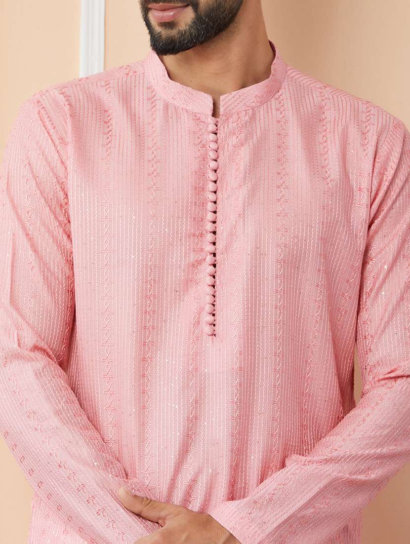 men solid with work mandarin neck long kurta - 22392148 -  Standard Image - 1