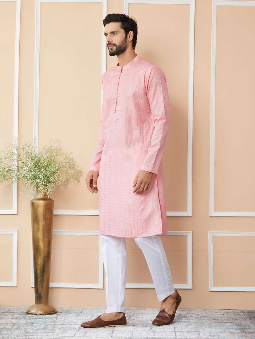 men solid with work mandarin neck long kurta - 22392148 -  Standard Image - 4