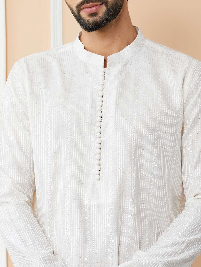 Men Solid With Work Mandarin Neck Long Kurta - 22392149 -  Standard Image - 1