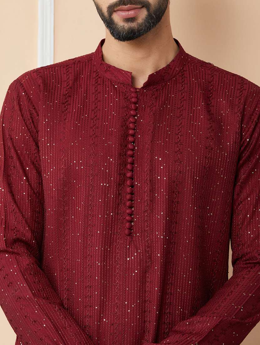 men solid with work mandarin neck long kurta - 22392151 -  Standard Image - 1