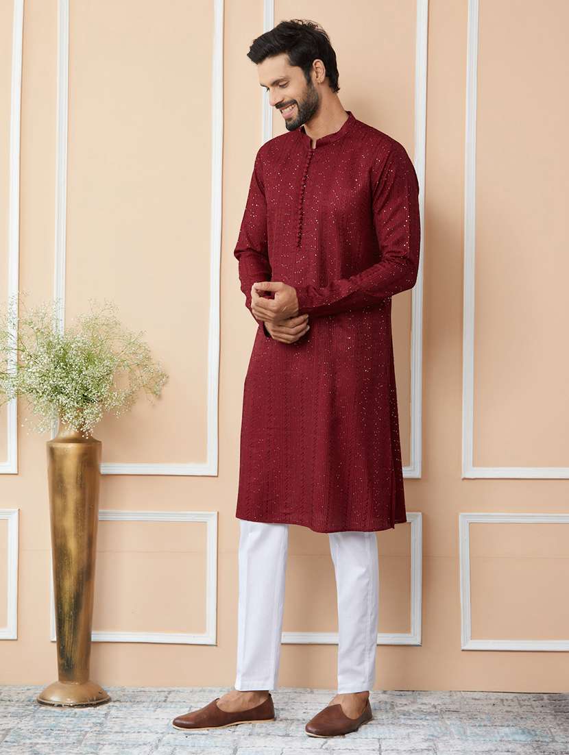 men solid with work mandarin neck long kurta - 22392151 -  Standard Image - 4