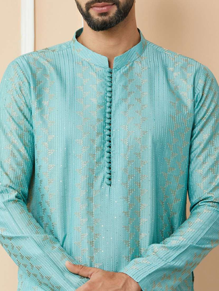 men solid with work mandarin neck long kurta - 22392153 -  Standard Image - 1