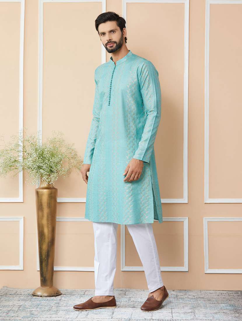 men solid with work mandarin neck long kurta - 22392153 -  Standard Image - 4