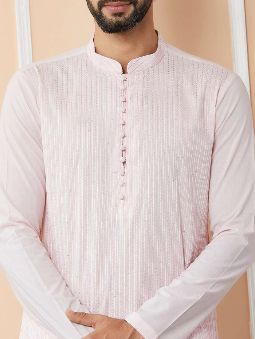 men solid with work mandarin neck long kurta - 22392157 -  Standard Image - 1