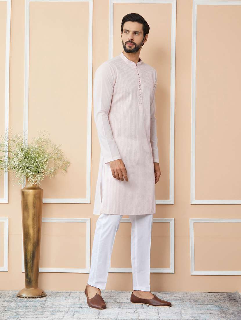 men solid with work mandarin neck long kurta - 22392157 -  Standard Image - 4