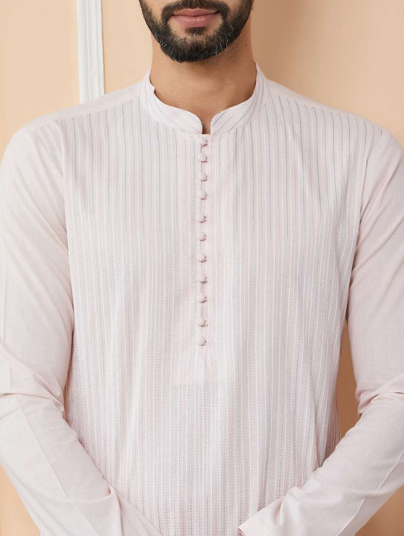 men solid with work mandarin neck long kurta - 22392158 -  Standard Image - 1