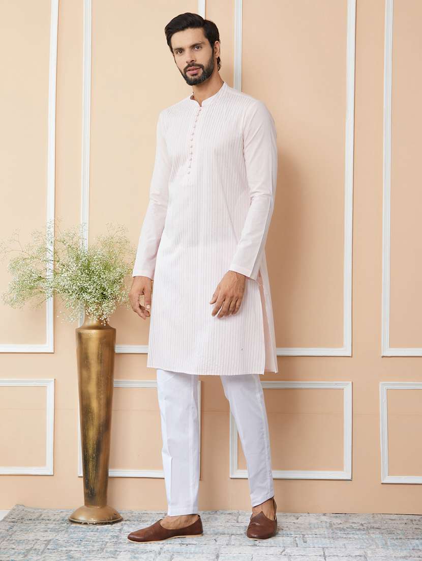 men solid with work mandarin neck long kurta - 22392158 -  Standard Image - 4